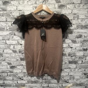 EUC Adrianna Papell  Brown Top with Black Lace Detail Women's Size XS